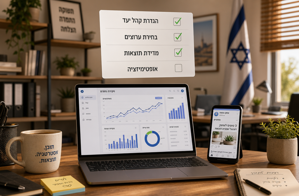 () conceptual illustration showing a step-by-step checklist floating above a desk workspace in a small business office in