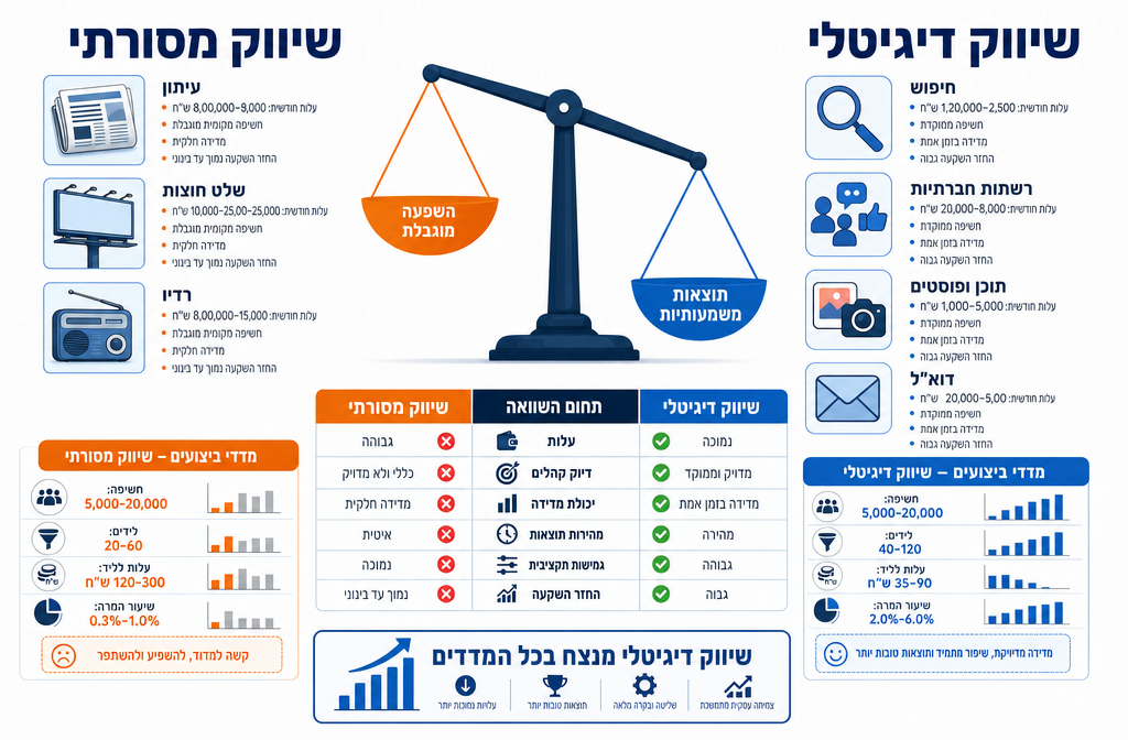 () infographic-style image showing a comparison table visualization between digital marketing and traditional marketing