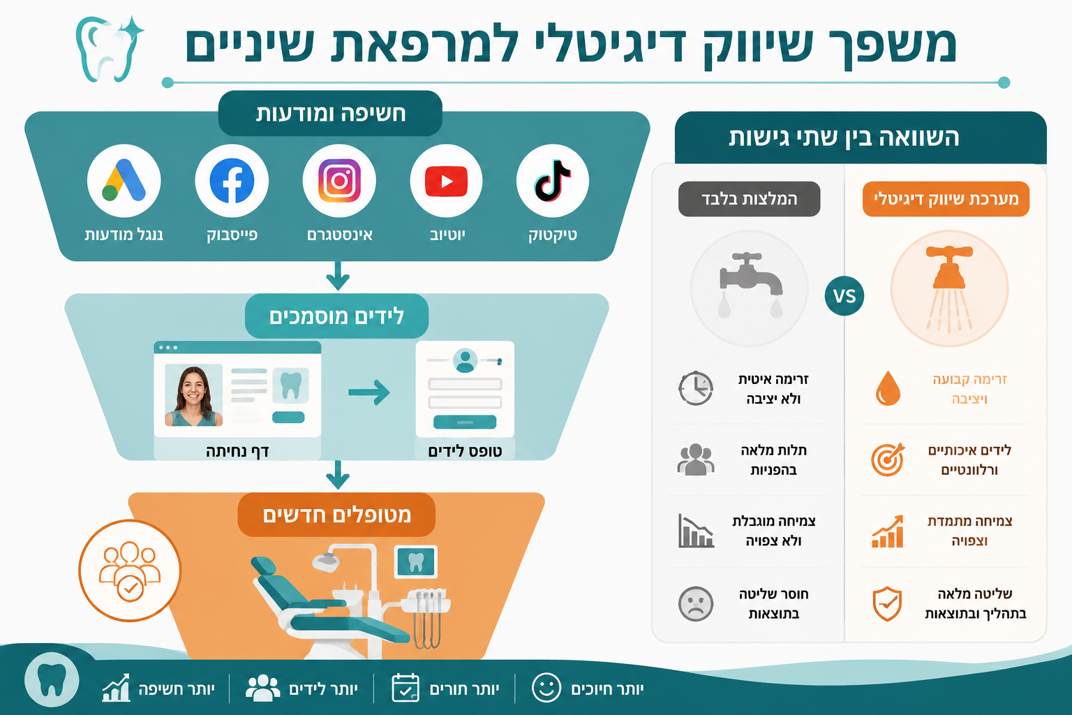 () infographic-style image showing a dental clinic marketing funnel diagram in Hebrew. Top of funnel shows icons for Google