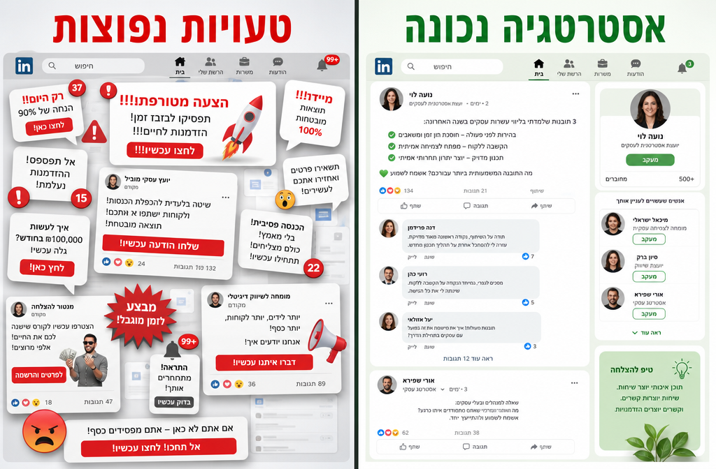 () split-screen comparison image showing two contrasting approaches to LinkedIn content strategy. Left side labeled 'טעויות