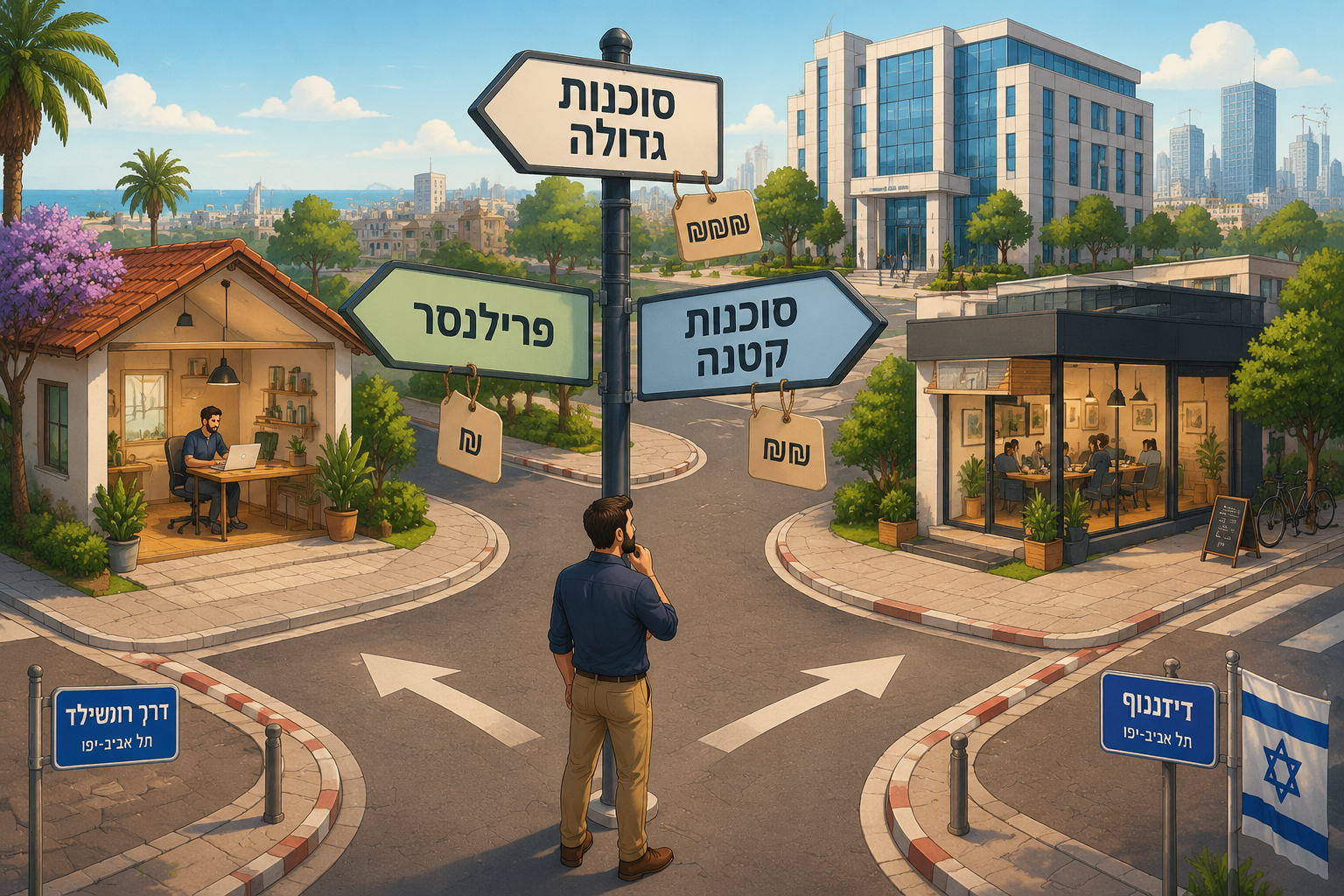 () conceptual illustration showing a business owner standing at a crossroads with three directional signs in Hebrew: