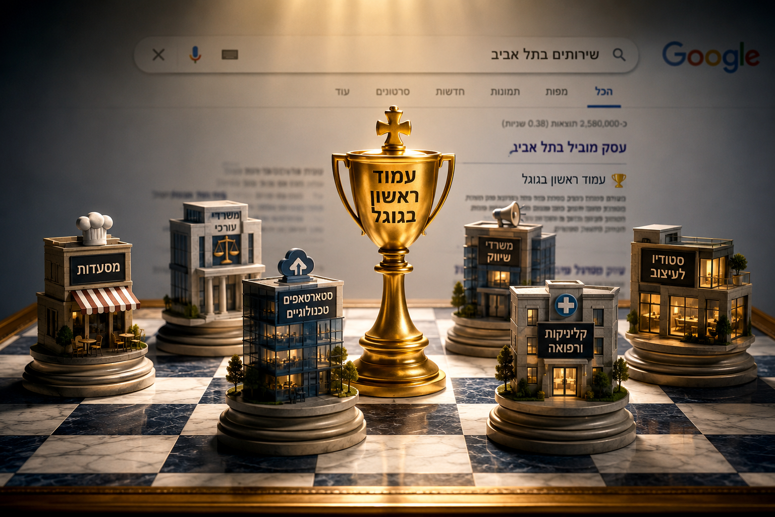 () conceptual illustration showing a chess board where the pieces are stylized buildings representing Tel Aviv businesses