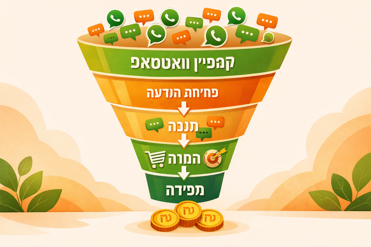 () conceptual illustration showing a funnel-shaped customer journey diagram in Hebrew for WhatsApp Business marketing