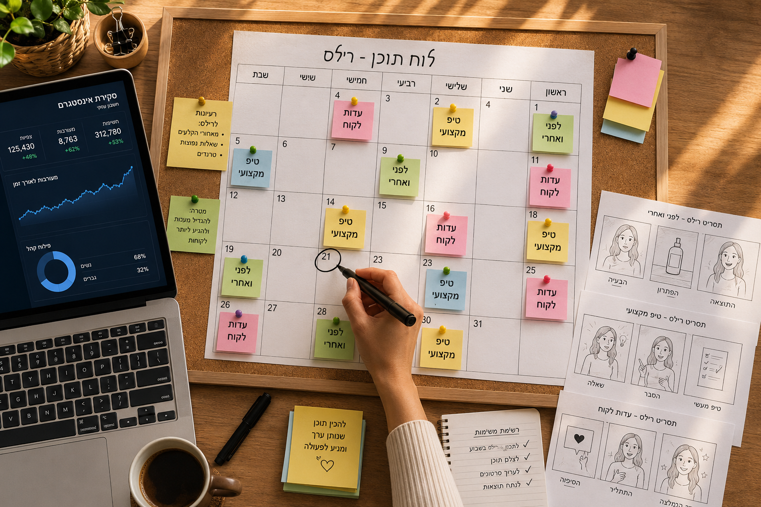() conceptual image showing a detailed content calendar pinned to a modern cork board, with sticky notes in Hebrew marking