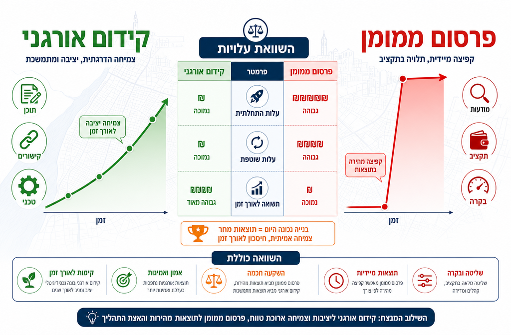 () infographic-style image showing a comparison table visualization in Hebrew between קידום אורגני and פרסום ממומן. Left