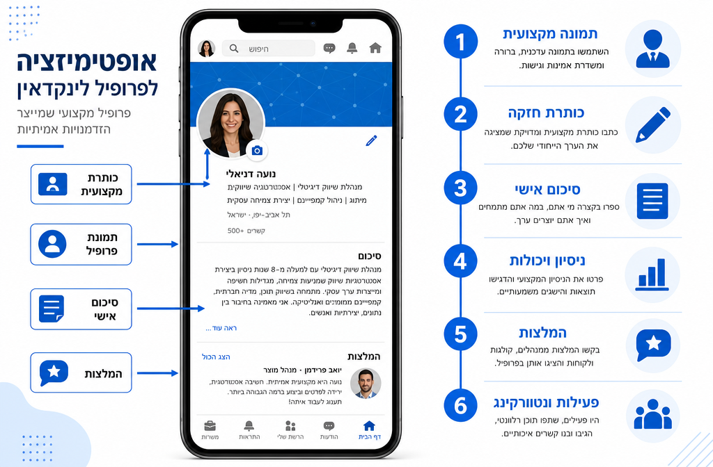 () infographic-style image showing a step-by-step LinkedIn profile optimization checklist in Hebrew. Visual elements include
