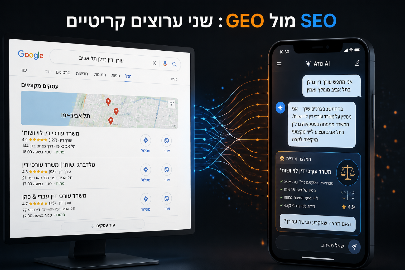 () split-screen comparison image. Left side shows a Google search results page on a monitor with Hebrew search query 'עורך