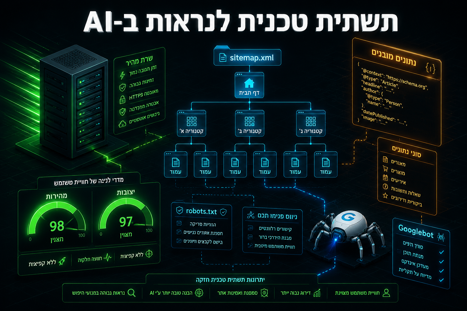 () technical illustration showing a website architecture diagram viewed from an isometric 3D perspective. Elements include a