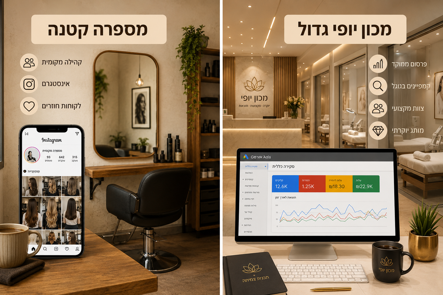 מה ההבדל בין שיווק למספרה קטנה לבין מכון יופי גדול